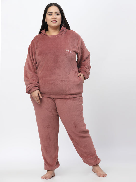 Klotthe Women Rust Wool Blend Solid Hudi Night Suit