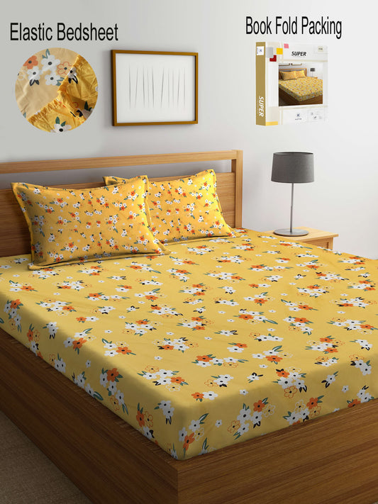 Klotthe Yellow Floral 300 TC Cotton Blend Fitted Double Bedsheet with 2 Pillow Covers in Book Fold Packing