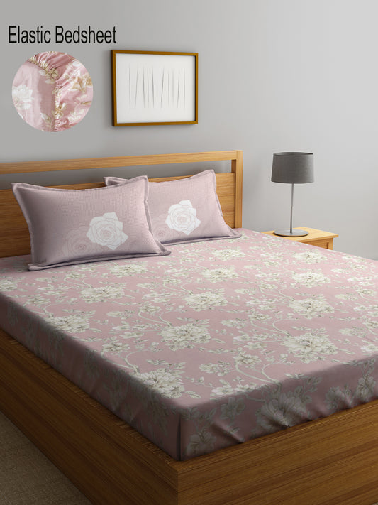 Klotthe Pink Floral 400 TC Pure Cotton Fitted Super King Double Bedsheet with 2 Pillow covers (270X270 cm)