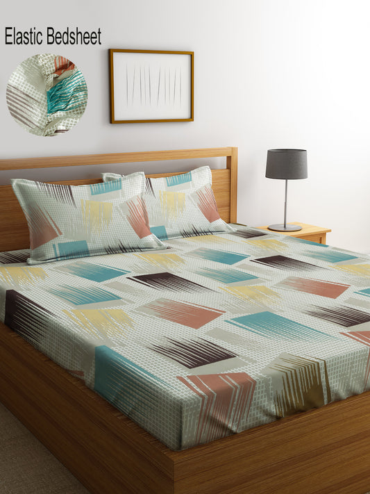Klotthe Multi Abstract 300 TC Cotton Blend Elasticated Double Bedsheet Set in Book Fold Packing