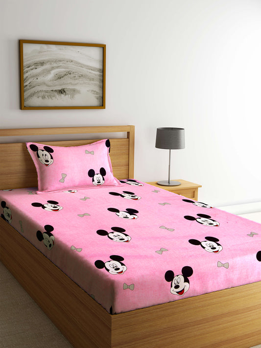 Klotthe Pink Cartoon Characters 210 TC PolyCotton Single Bedsheet with Pillow Cover