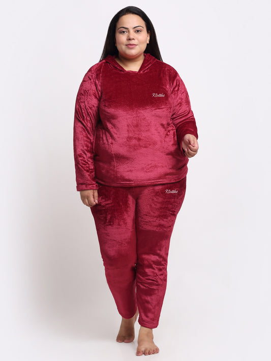 Klotthe Women Red Solid Wool Blend Hooded Night Suit