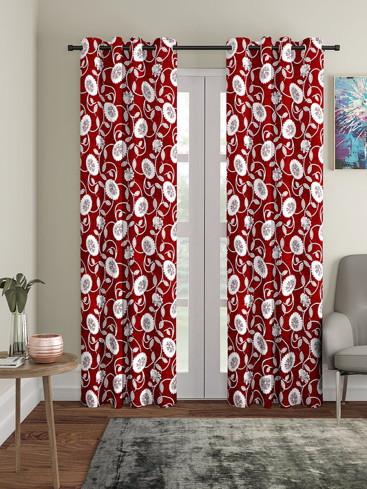 KLOTTHE Maroon Polycotton Floral Curtain (Size-7ft)