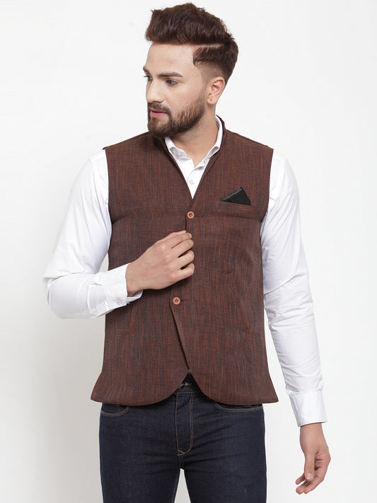 Brown Pure Cotton Party Nehru Jackets