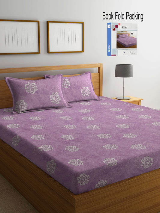 Klotthe Purple Floral 400 TC Pure Cotton Double Bedsheet Set in Book Fold Packing