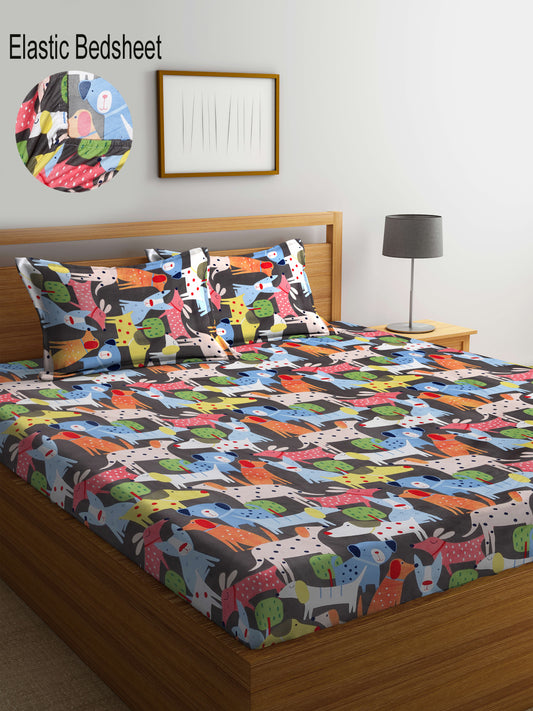 Klotthe Multicolor Cartoon Characters 300 TC Cotton Blend Fitted Double Bedsheet with 2 Pillow Covers