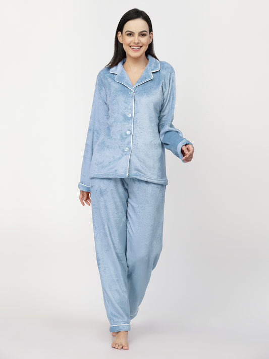 Klotthe Women SkyBlue Solid Woolen Night Suit
