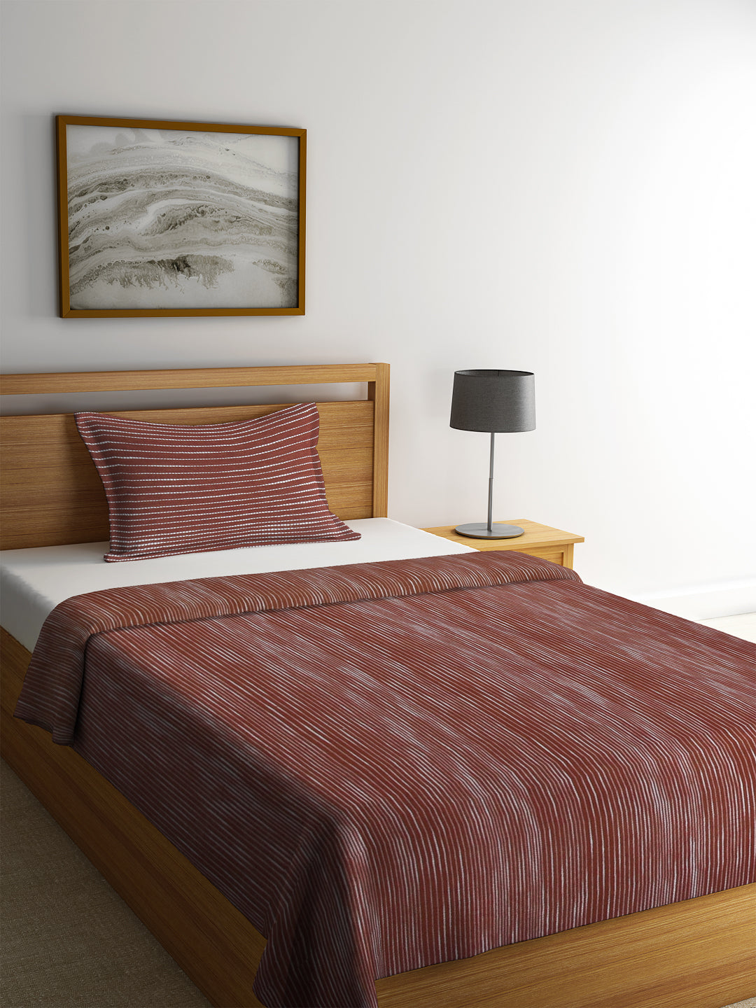 KLOTTHE Brown Cotton Woven Design Single Bed Cover With Pillow