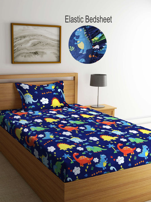 Klotthe Kids Blue Kids Print 300 TC Cotton Blend Elasticated Single Bedsheet with Pillow Cover