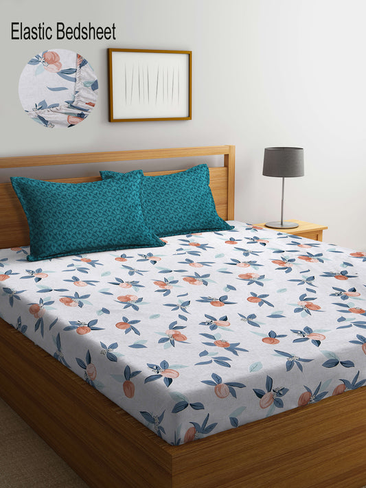 Klotthe Multi Cotton Blend Printed Elasticated Double Bedsheet with 2 Pillow Covers (270X270 cm)
