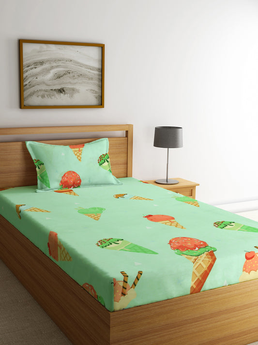 Klotthe Multicolor Cartoon Characters 300 TC Cotton Blend Single Bedsheet with Pillow Cover