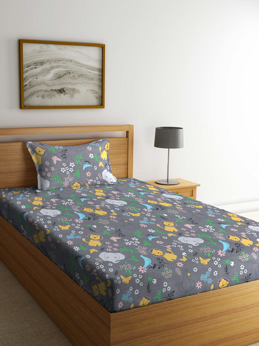 Klotthe Multi Cartoon Characters Polycotton 250 TC Flat Single Bedsheet with Pillow Cover