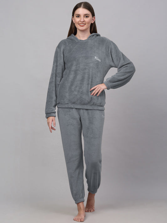 Klotthe Women Grey Wool Blend Solid Hooded Night Suit