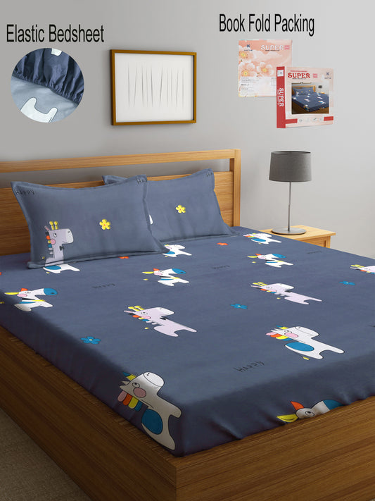 Klotthe Multi Cartoon Print 300 TC Cotton Blend Elasticated Double Bedsheet with 2 Pillow Cover in Book Fold Pack