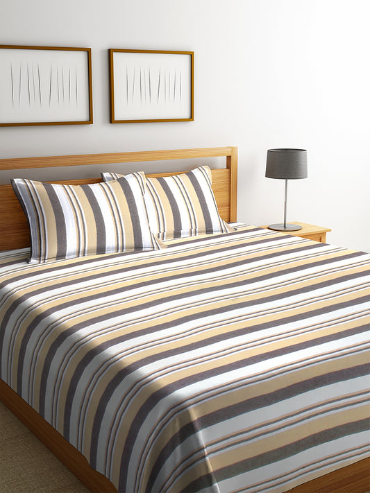 100% Pure Cotton King Size Handwoven Bed Cover with Two Pillow Covers by KLOTTHE® (Brown Striped)