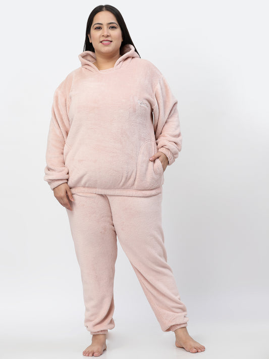 Klotthe Women Pink Wool Blend Solid Hudi Night Suit