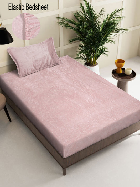 Klotthe Light Pink Solid Woolen Fitted Single Bed Sheet with Pillow Cover