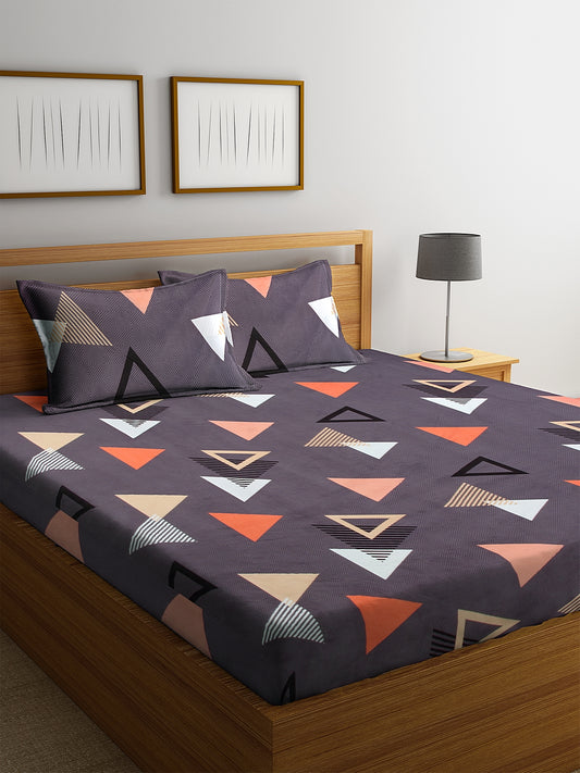 Klotthe Purple Geometric 300 TC Cotton Blend Double Bed Sheet with 2 Pillow Covers in Book Fold Packing