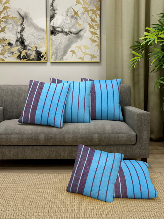 KLOTTHE Set of 5 Turquoise Cotton Striped Cushion Covers (40X40 cm)