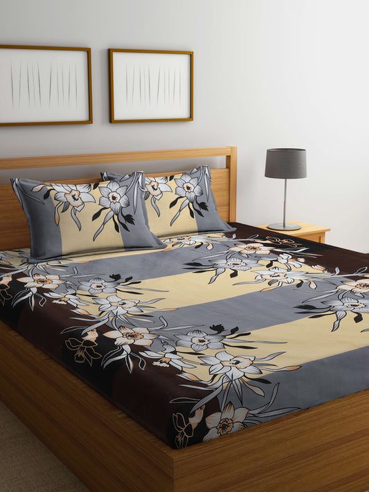 Klotthe Multicolor Floral 300 TC Cotton Blend Fitted Double Bedsheet in Book Fold Packing