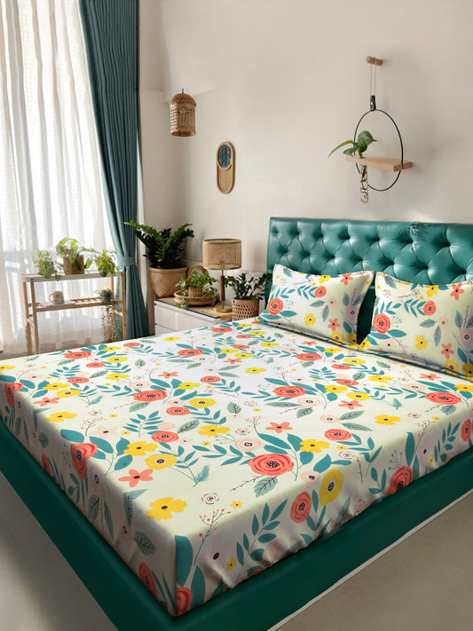 Klotthe Multi Floral 300 TC Cotton Blend Double Bedsheet with 2 Pillow covers