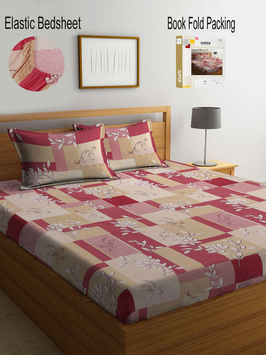 Klotthe Multicolor Floral 400 TC Pure Cotton Fitted Double Bedsheet Set in Book Fold Packing