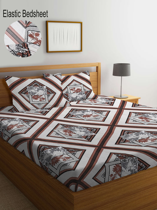 Klotthe Multi Abstract 300 TC Cotton Blend Elasticated Super King Double Bedsheet with 2 Pillow Covers (270X270 cm)