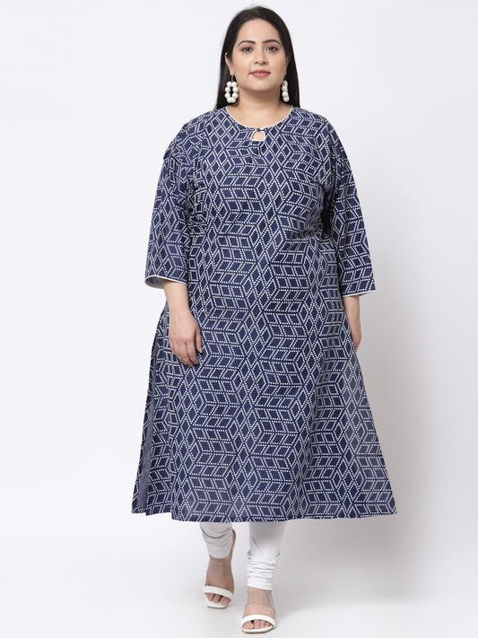 Klotthe Women Blue Geometric Printed Pure Cotton Round Neck Kurti