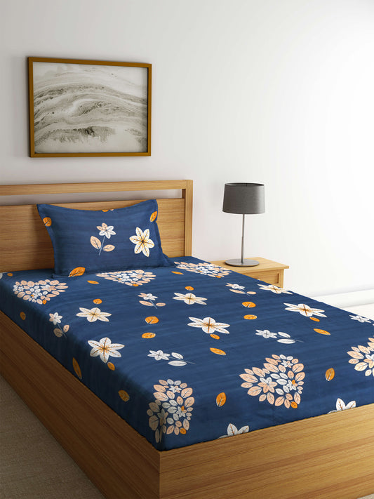Klotthe Blue Floral Cotton Blend Single Bedsheet with Pillow cover