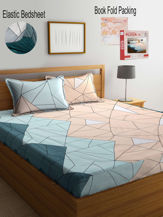 Klotthe Multi Geometric 300 TC Cotton Blend Elasticated Double Bedsheet with 2 Pillow Cover in Book Fold Pack