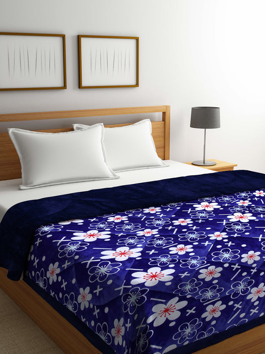Klotthe Blue Floral Printed 800 GSM Heavy Winter Double Bed Quilt