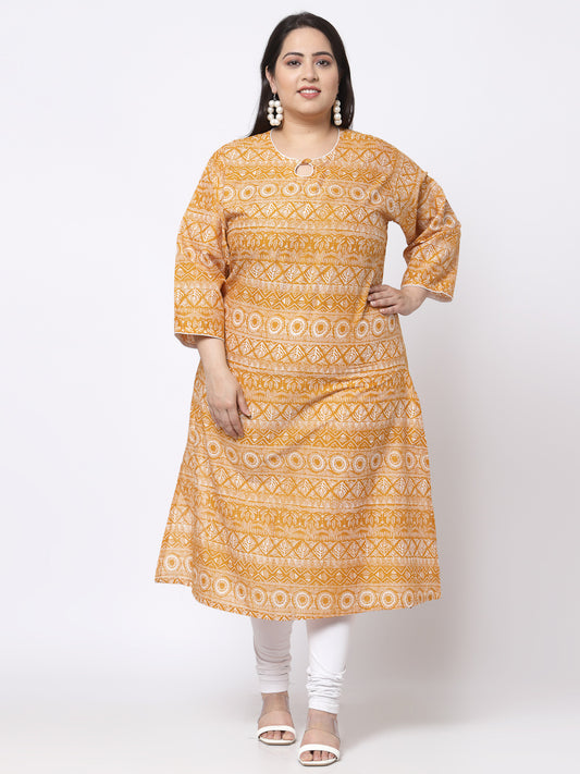 Klotthe Women Yellow Abstract Printed Pure Cotton Round Neck Kurti