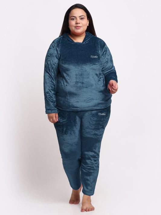 Klotthe Women Turquoise Solid Wool Blend Hooded Night Suit