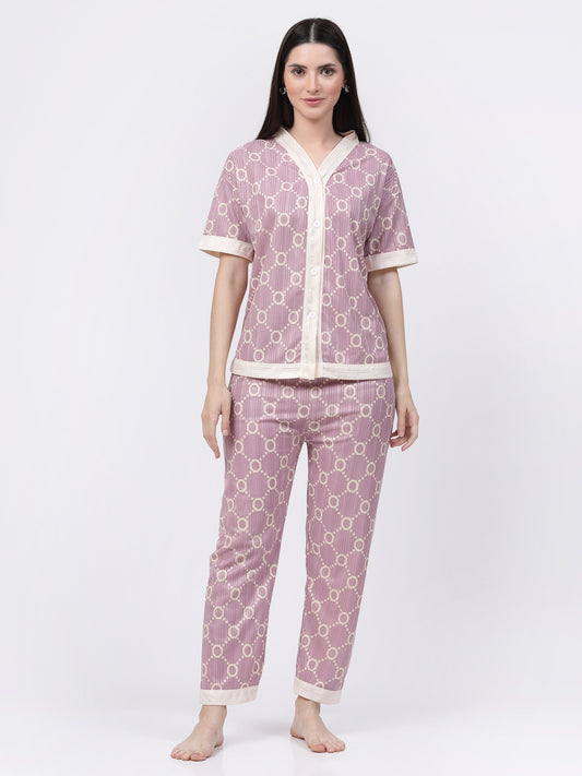 Klotthe Women Purple Geometric Satin Night Suit by KLOTTHE