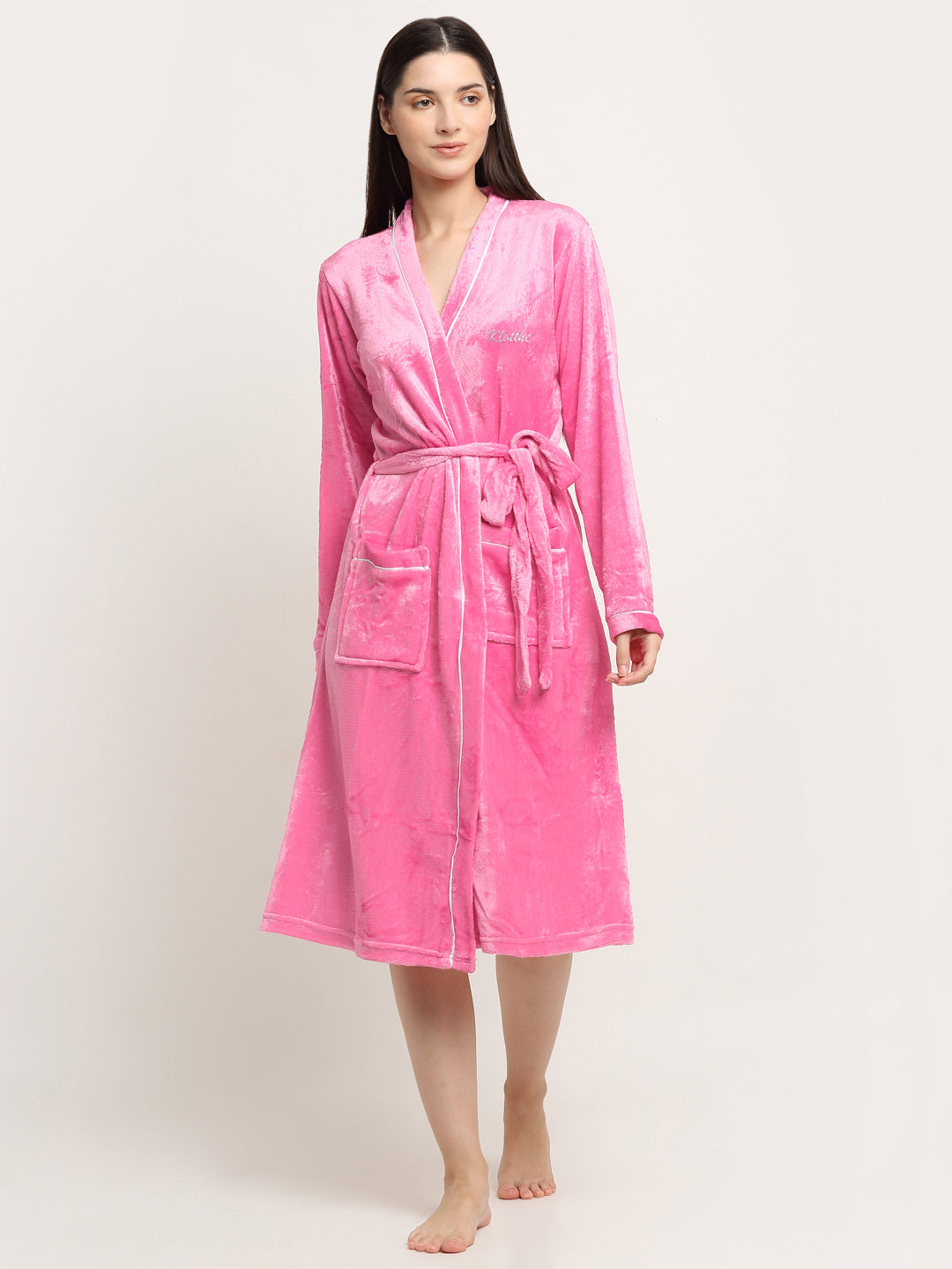 Klotthe Women Light Pink Solid Wool Bath Robe With Belt