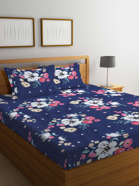 Klotthe Multi Floral 300 TC Cotton Blend Double Bedsheet with 2 Pillow Covers