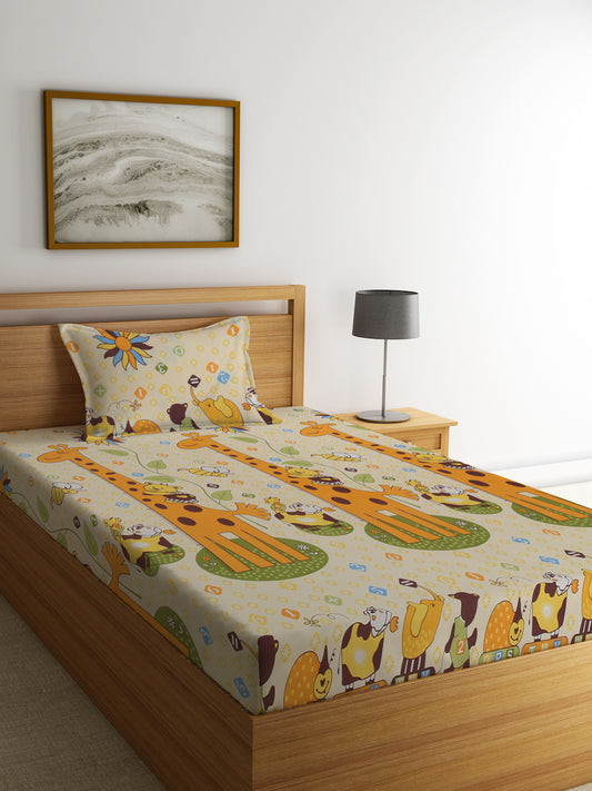 Klotthe Multicolor Cartoon Characters 300 TC Cotton Blend Single Bedsheet with Pillow Cover
