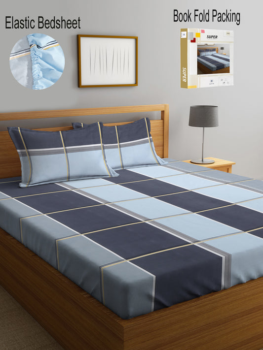 Klotthe Multi Geometric 300 TC Cotton Blend Fitted Double Bedsheet with 2 Pillow Covers in Book Fold Packing