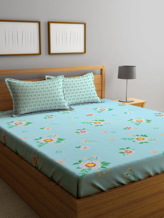 Klotthe Multicolor Floral 300 TC Cotton Blend Fitted Double Bedsheet Set in Book Fold Packing