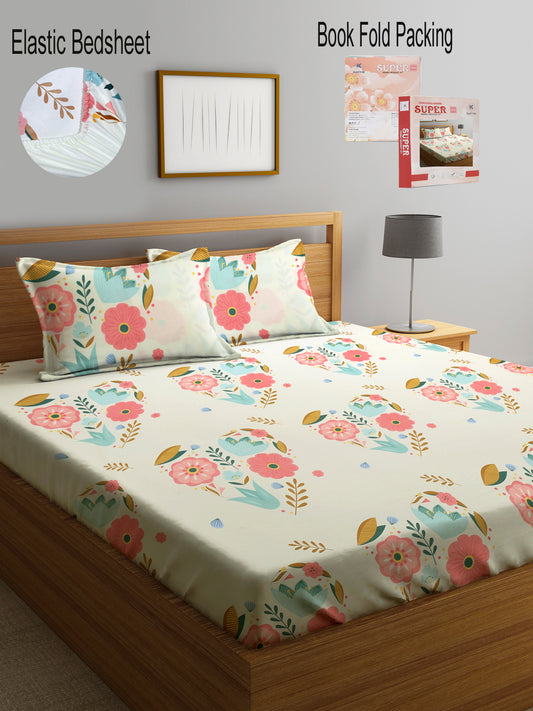 Klotthe Multi Floral 300 TC Cotton Blend Elasticated Double Bedsheet with 2 Pillow Cover in Book Fold Pack