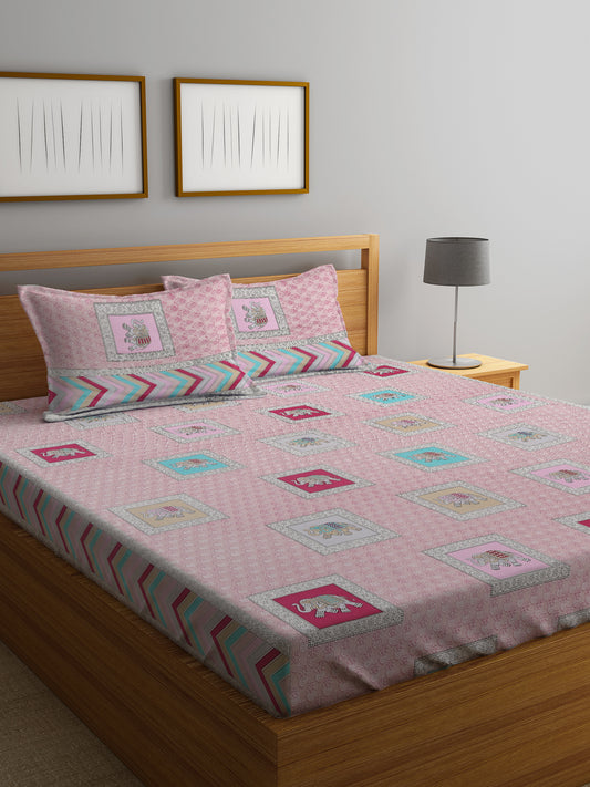 Klotthe Pink Cotton 300 TC King Bedsheet with 2 Pillow Covers