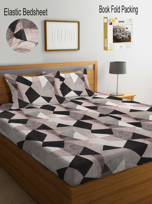Klotthe Multi Abstract 300 TC Cotton Blend Fitted Super King Double Bedsheet Set in Book Fold Packing (270X270 cm)