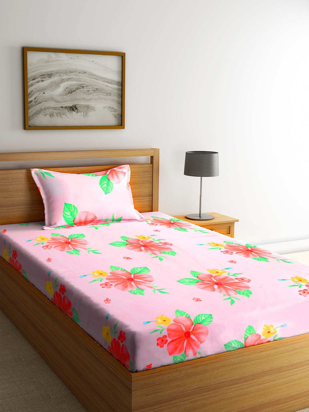 KLOTTHE Pink Polycotton Floral BedSheet With 1 Pillow Cover (225X150 cm)