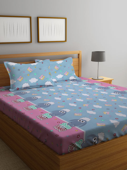 Klotthe Kids Blue Cotton 300 TC Double Bedsheet with 2 Pillow Covers