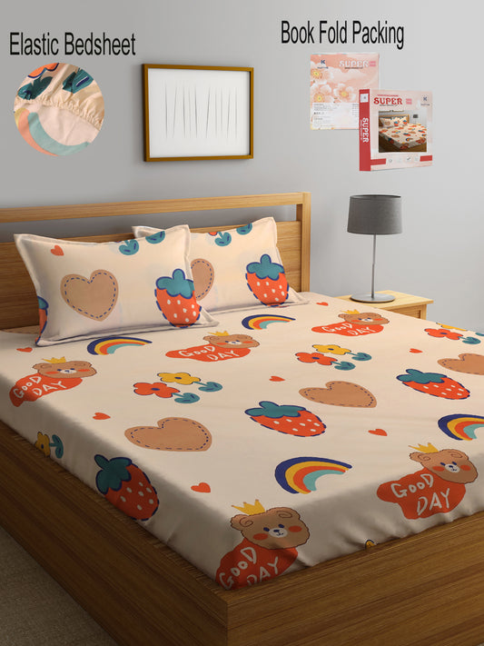 Klotthe Multi Cartoon Print 300 TC Cotton Blend Elasticated Double Bedsheet with 2 Pillow Cover in Book Fold Pack