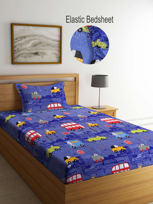 Klotthe Kids Blue Kids Print 300 TC Cotton Blend Elasticated Single Bedsheet with Pillow Cover