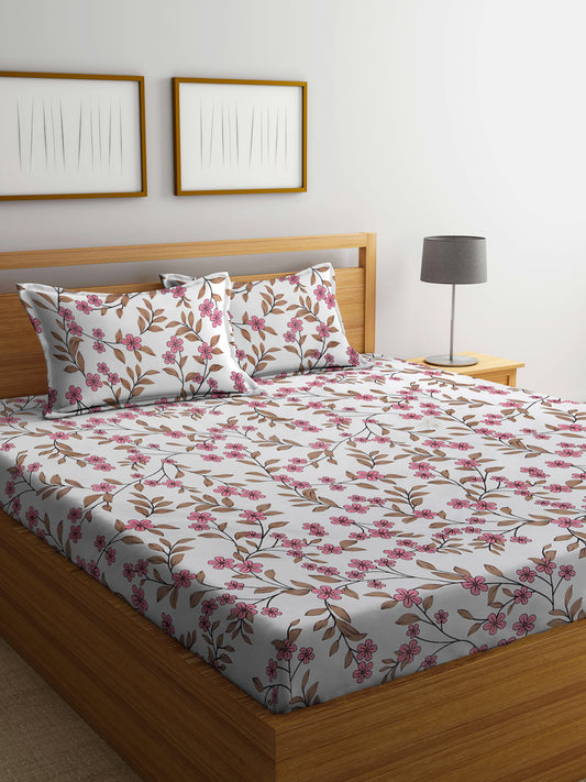 Klotthe Multicolor Floral 300 TC Cotton Blend Fitted Double Bedsheet in Book Fold Packing