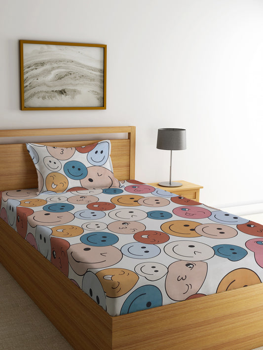 Klotthe Multi Cartoon Characters 300 TC Cotton Blend Single Bedsheet with Pillow Cover