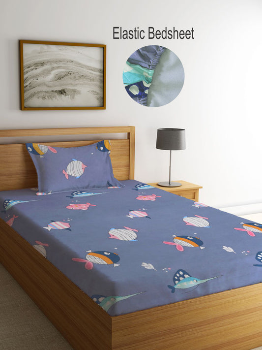 Klotthe Kids Multi Cartoon Characters 300 TC Cotton Blend Elasticated Single BedSheet with Pillow Cover