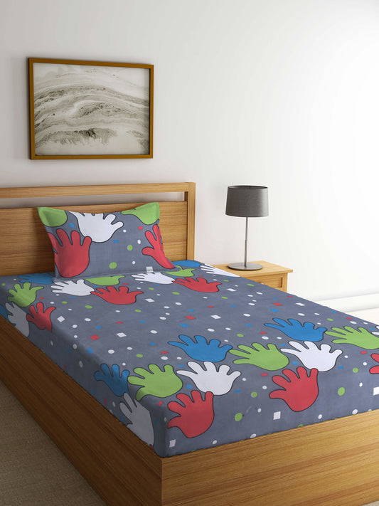 Klotthe Kids Grey Cartoon Characters 210 TC Cotton Blend Single Bed Sheet with Pillow Cover